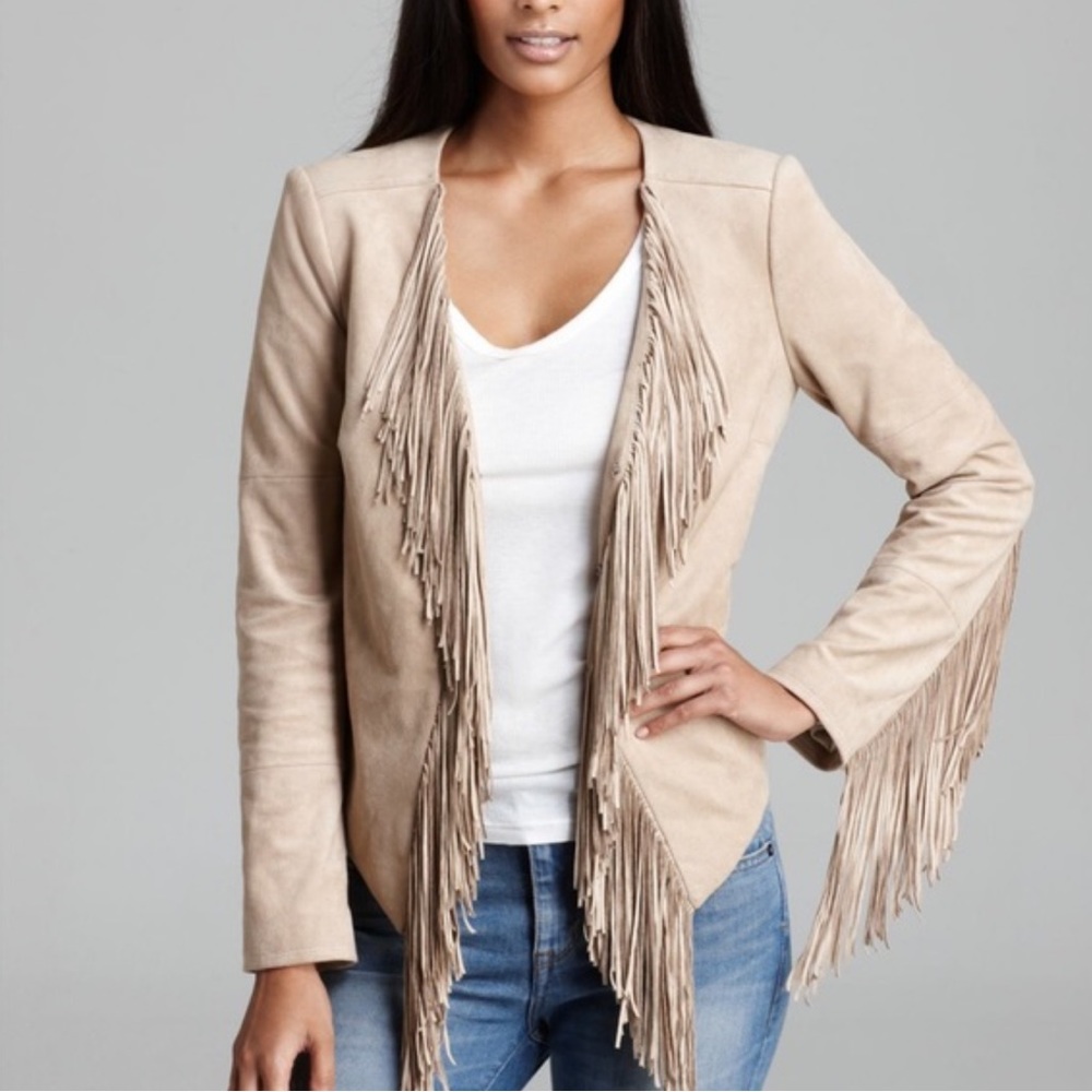 GUESS VINTAGE TAN FAUX SUEDE JACKET WITH FRINGE SIZE XS
